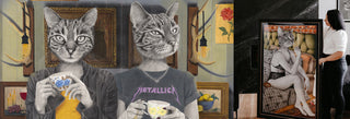 Collage of artworks featuring cats with human bodies in various poses and settings.