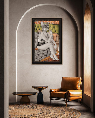 Framed artwork of artwork titled Welcoming Tuesday on a wall in a stylish room with a brown leather chair.