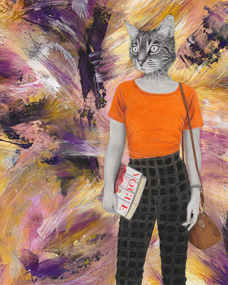 Person with a cat's head wearing an orange shirt and holding a magazine against a colourful abstract background