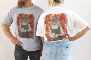Eternal Sunset T-Shirt by Laura J Stratton featuring relaxed fit design with sunset cat artwork on front and back.
