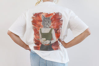 White Eternal Sunset T-shirt by Laura J Stratton featuring relaxed fit and cat art design on the back.