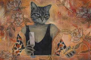 Artistic depiction of a cat with human-like features holding a glass, surrounded by floral elements.