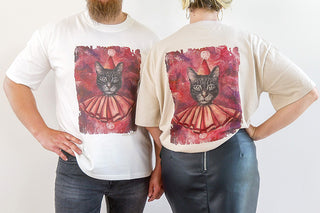 White unisex Playing The Fool T-shirt by Laura J Stratton featuring feline-inspired front and back artistic design.