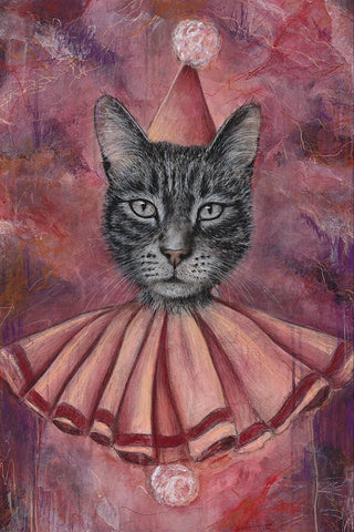 Cat in a dress and party hat against a pink and purple abstract background