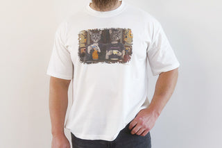 Unisex T-shirt featuring Laura J Stratton's Blissful Ignorance cat lady art design on the front.