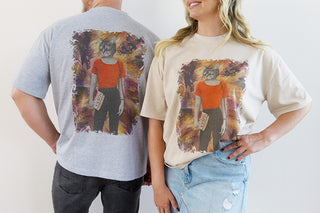 Unisex grey Velvet Night T-Shirt by Laura J Stratton with front and back relaxed-fit design, soft velvet fabric details visible.