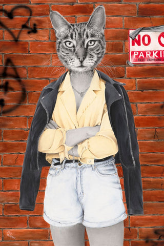 Artwork titled Before The Sky Turned Grey by Laura J Stratton showing a feline head on a female body. Arms crossed standing in front of a brick wall with graffiti. 