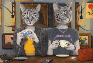 Two cats with human bodies sitting in a cafe holding teacups, phones on table artwork titled Blissful Ignorance by Laura J Stratton