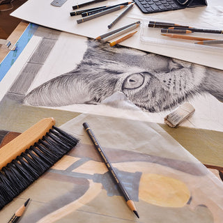 Artistic drawing of a cat's face with art supplies on a table in studio of Laura J Stratton