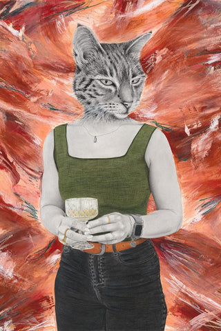 Artwork titled Eternal Sunset by Laura J Stratton shows a person wearing a green top with a cat's head, against a red and orange abstract background.