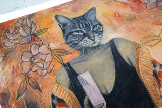 Artistic depiction of a cat holding a glass of wine with floral and abstract designs in the background.