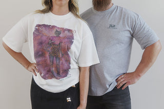 Lavender Dream T-Shirt by Laura J Stratton featuring a lavender and dreamy design on a relaxed grey tee, front and back views.