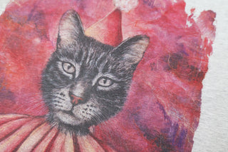 Grey T-shirt by Laura J Stratton featuring back design of a playful cat clown with "Playing The Fool" artwork.