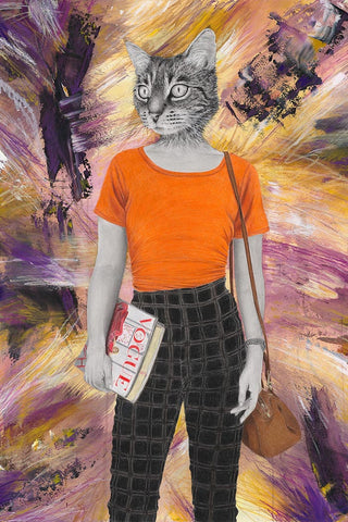 Artwork titled Velvet Night by Laura J Stratton shows a person with a cat's head wearing an orange shirt and holding a book, against a colourful abstract background.