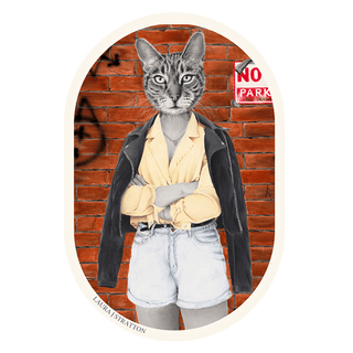 Vinyl matte sticker of artwork titled Before the Sky turned Grey by Laura J Stratton. A cat head on human body with a brick wall and 'No Parking' sign in the background
