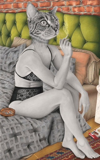 Detailed pencil artwork by Laura J Stratton titled Welcoming Tuesday features a person with cat face sitting on a bed smoking a cigarette.